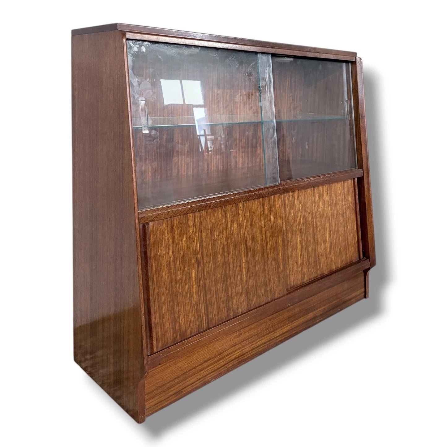 Vintage Sliding Door Bookcase | Mid Century Wooden Display Cabinet With Adjustable Glass Shelves