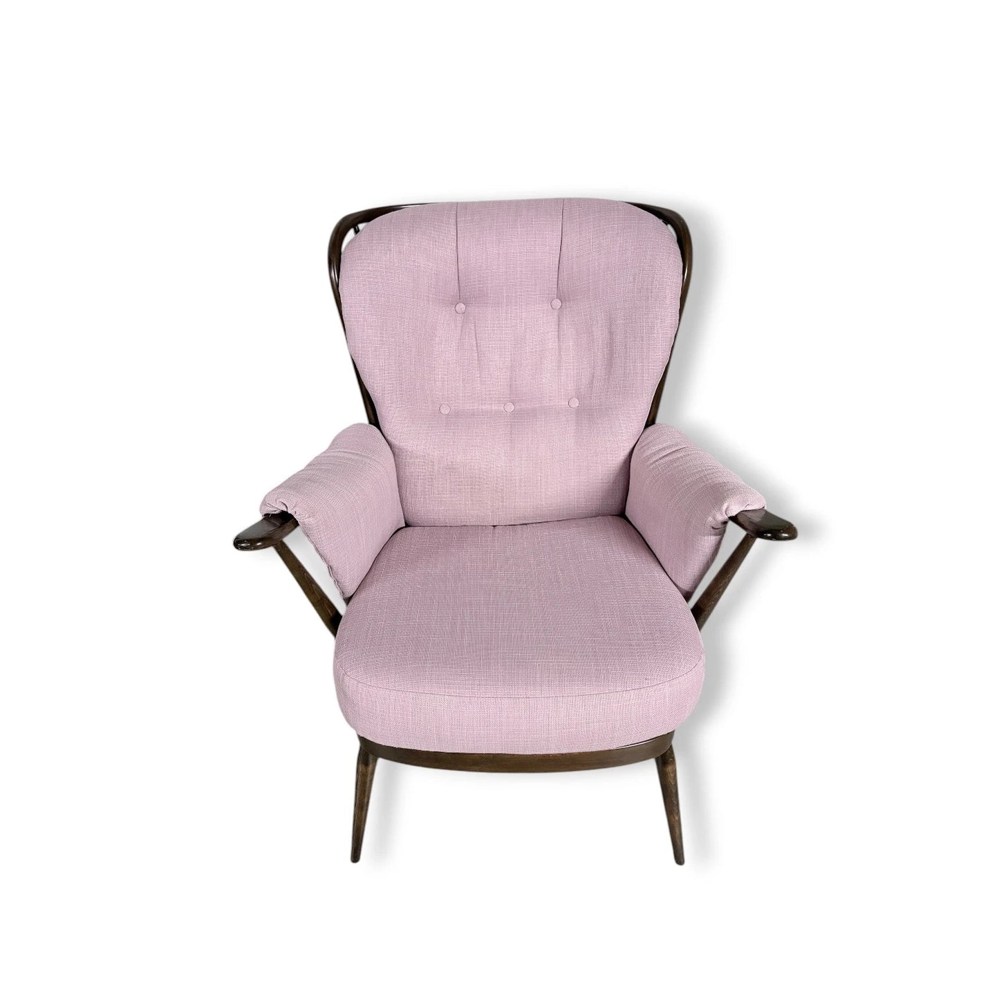 Ercol Everest Armchair – Mid Century Dark Beech Frame | Dusty Pink Upholstery