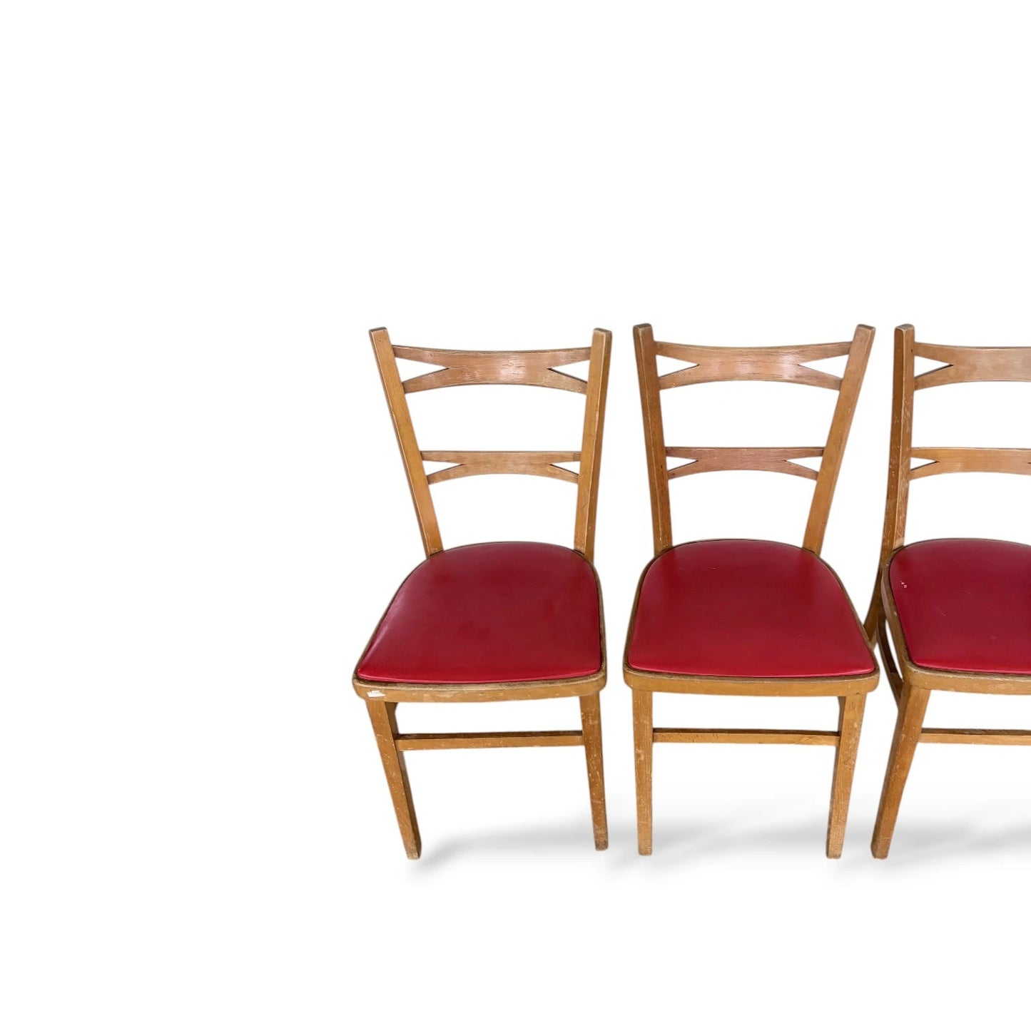 Set of 4 Vintage Dining Chairs with Red Vinyl Seats – 1950s Retro