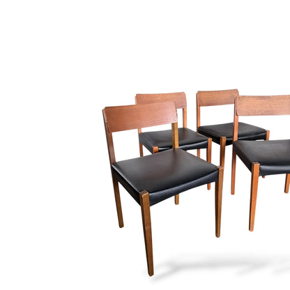 Set of Four Teak Dining Chairs | Mid-Century Modern | Black Vinyl Seats