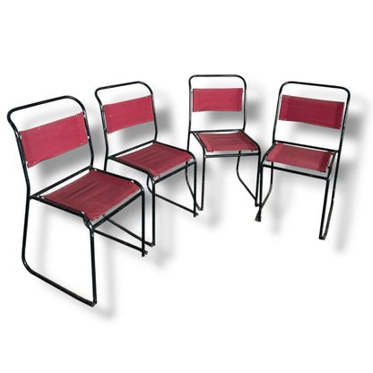 Mid Century Set of Four Pel Tubular Metal Red and Black Dining Chairs
