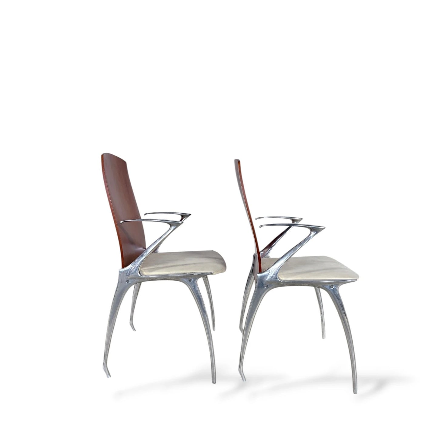 Pair of Japanese ‘Blade Runner’ Sculptural Chairs – Aluminium & Wood Futuristic Design