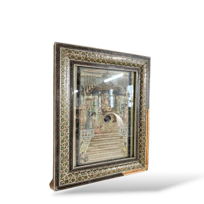 Framed Islamic Manuscript Miniature – Persian Court Scene in Khatam Marquetry Frame
