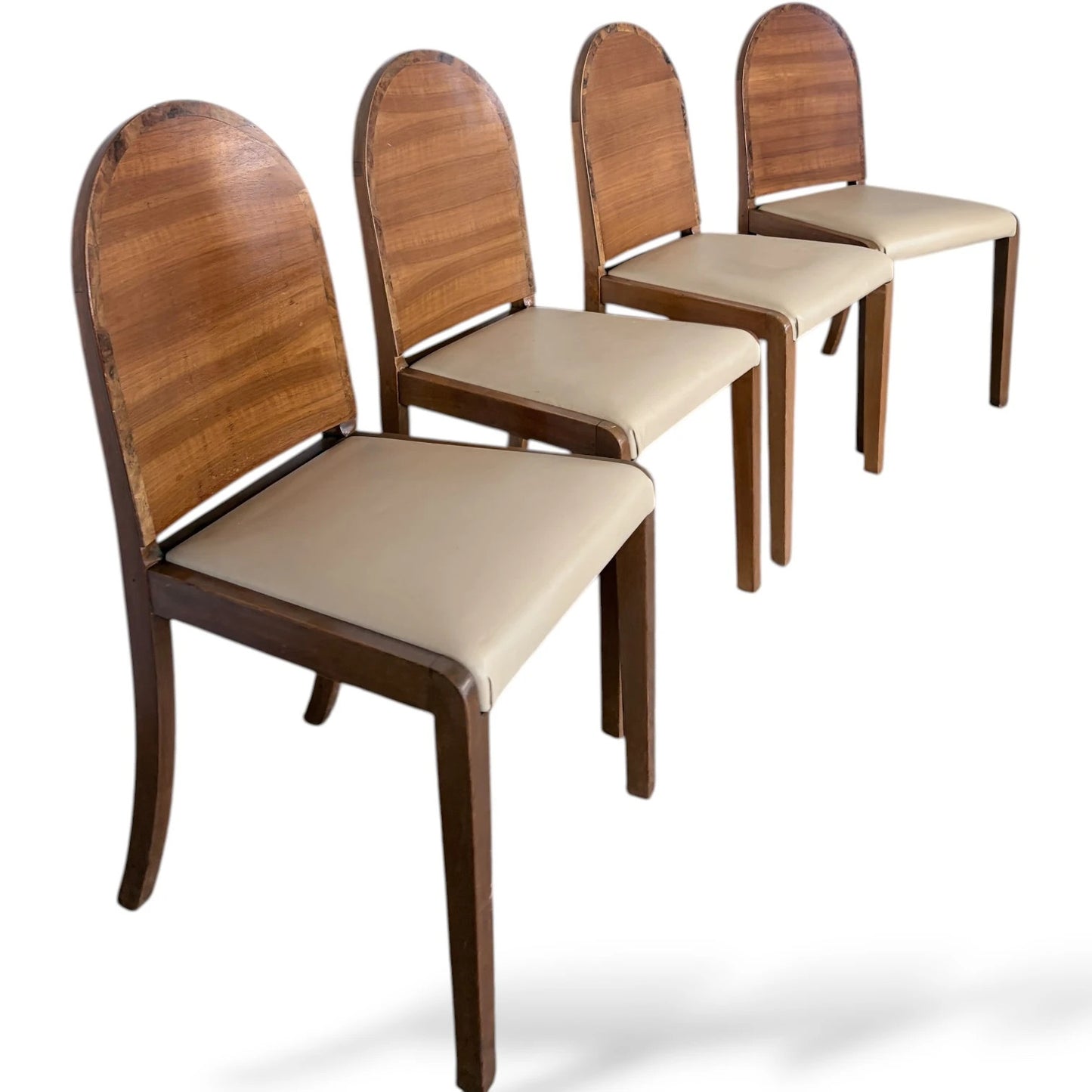 Art Deco Dining Chairs – Walnut Set of Four with Cream Upholstery, Vintage Style