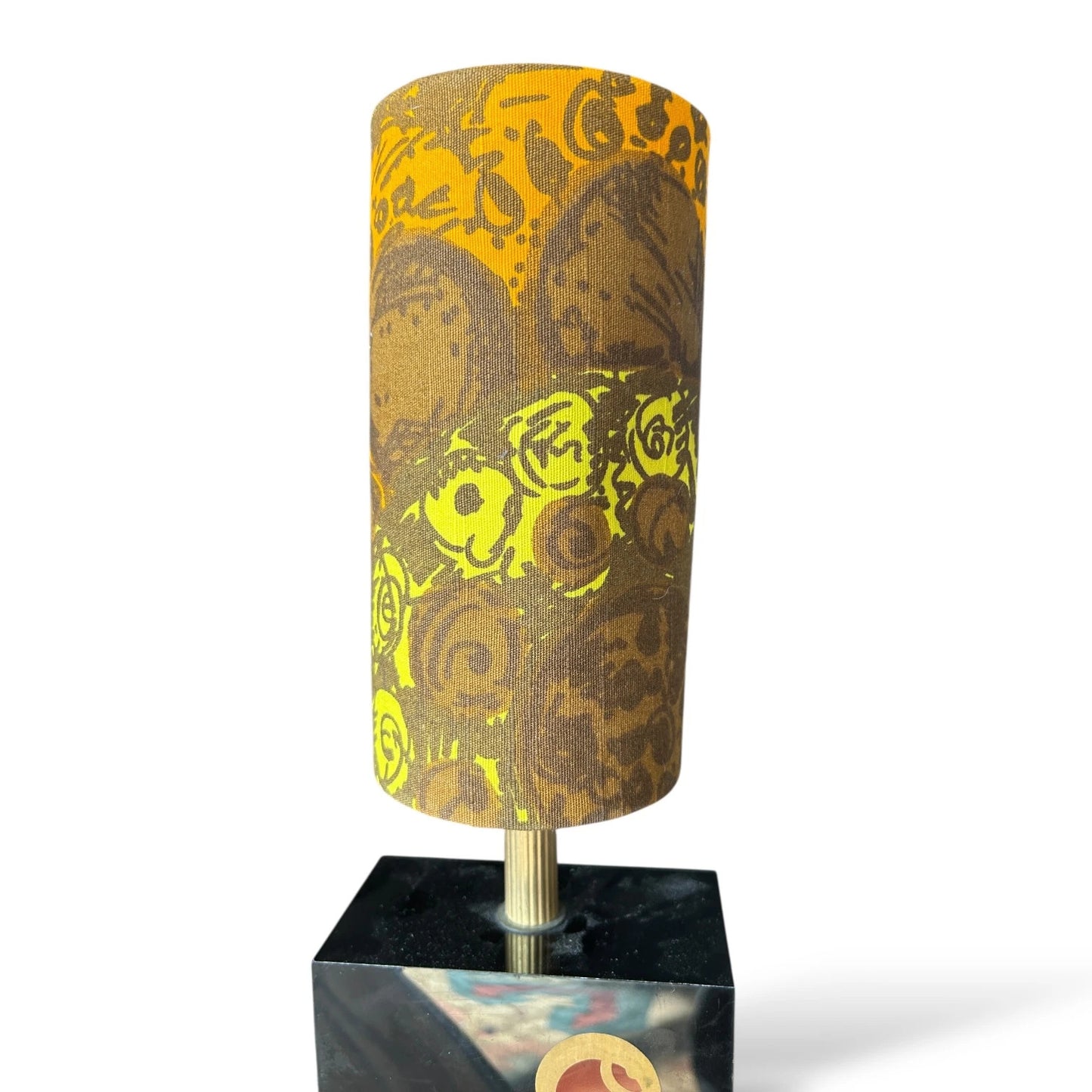 Vintage 1970s Black Geometric Table Lamp with Patterned Shade – Retro Mid Century Modern Lighting