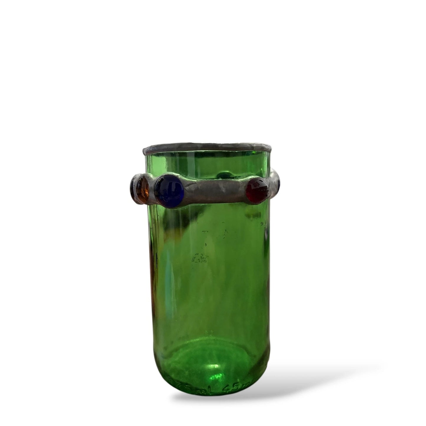 Vintage Green Glass Vase with Pewter Rim | Coloured Jewel Cabochons