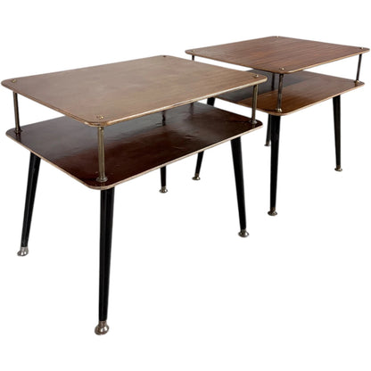 Mid-Century Bedside Tables – Atomic Style Two-Tier Nightstands with Walnut Finish