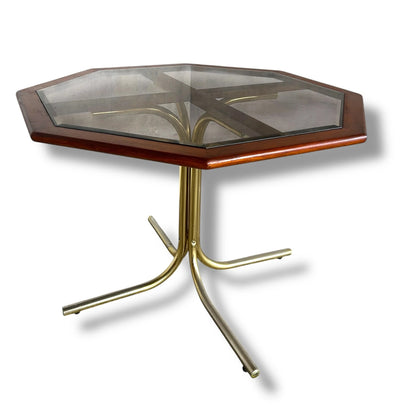 Mid Century Modern Italian Octagonal Smoked Glass Brass and Teak Dining Table