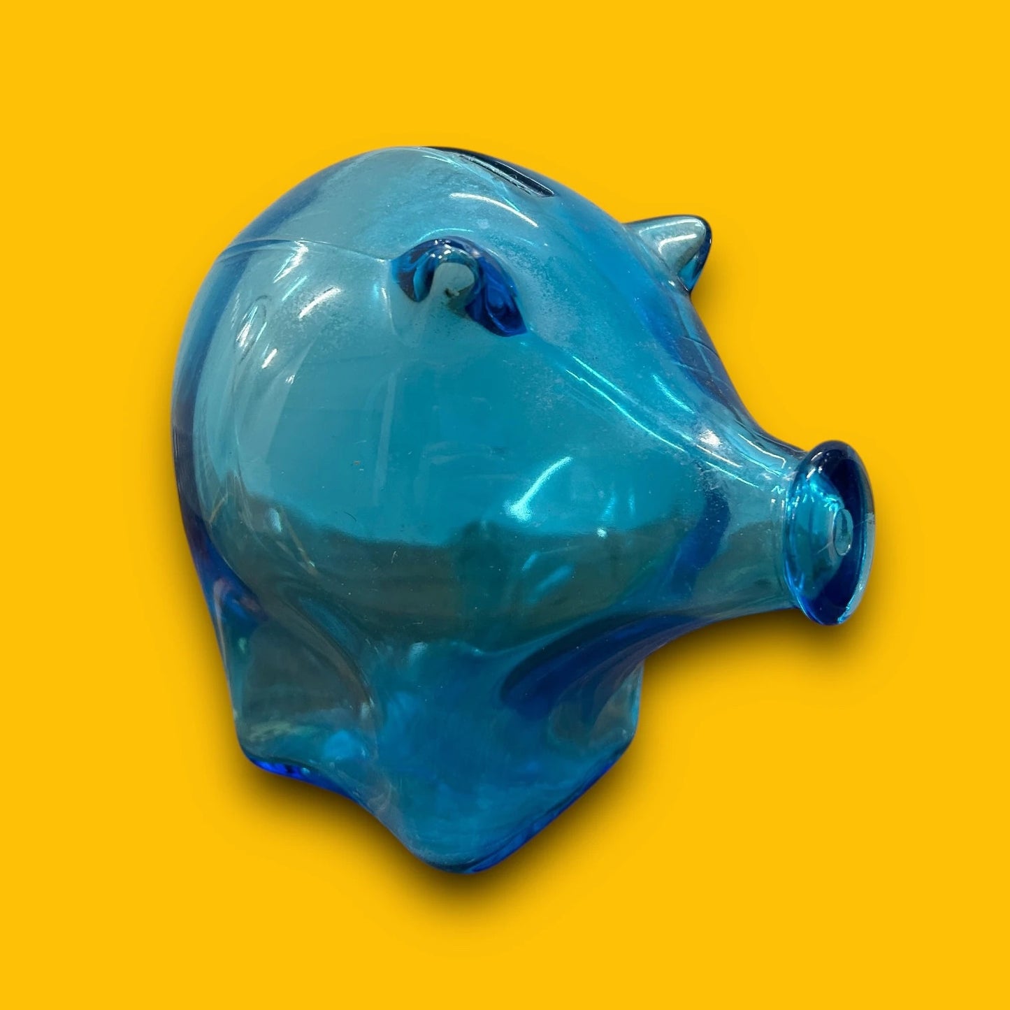 Mid Century Blue Glass Piggy Bank