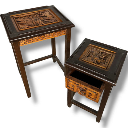 Pair of Vintage Chinese Camphor Wood Bedside Tables – Hand Carved Oriental Nightstands