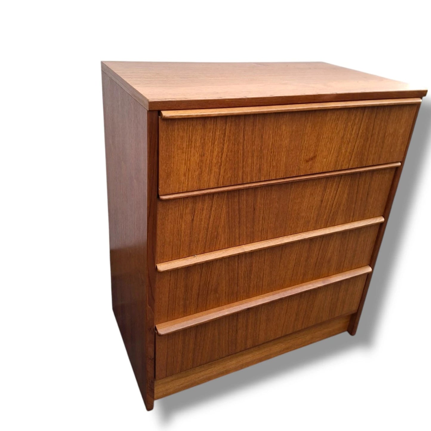 Mid-Century Teak Chest | Vintage Four Drawer Dresser With Solid Wood Handles