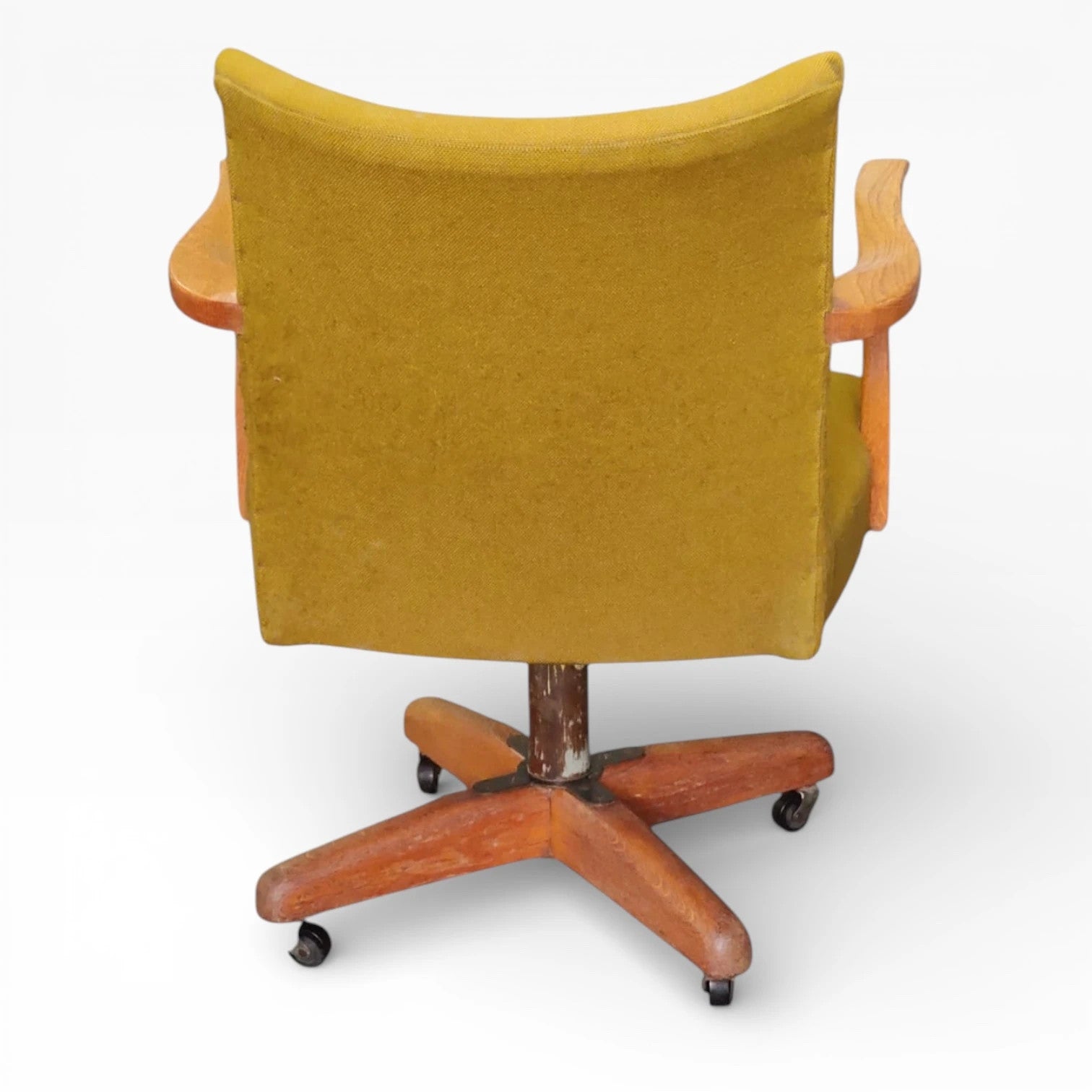 Vintage Swivel Desk Chair - Solid Oak Frame, Mustard Yellow Upholstery, Compact Design — view 4