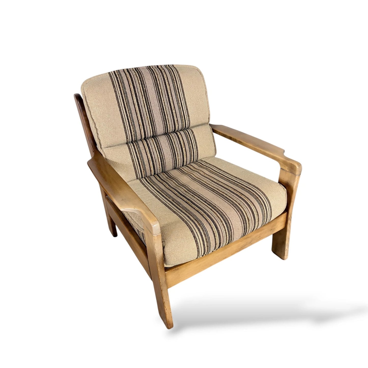 Danish Mid-Century Armchair | Solid Wood Frame & Striped Fabric Upholstery