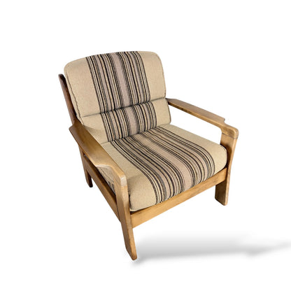 Danish Mid-Century Armchair | Solid Wood Frame & Striped Fabric Upholstery