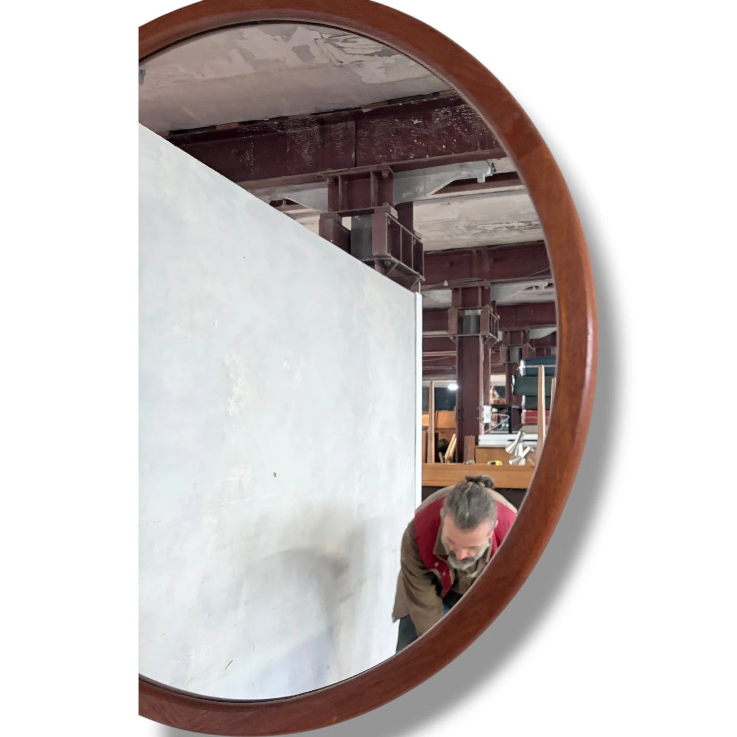 Mid Century Teak Mirror - Danish Round Wall Mirror with Solid Frame, Vintage