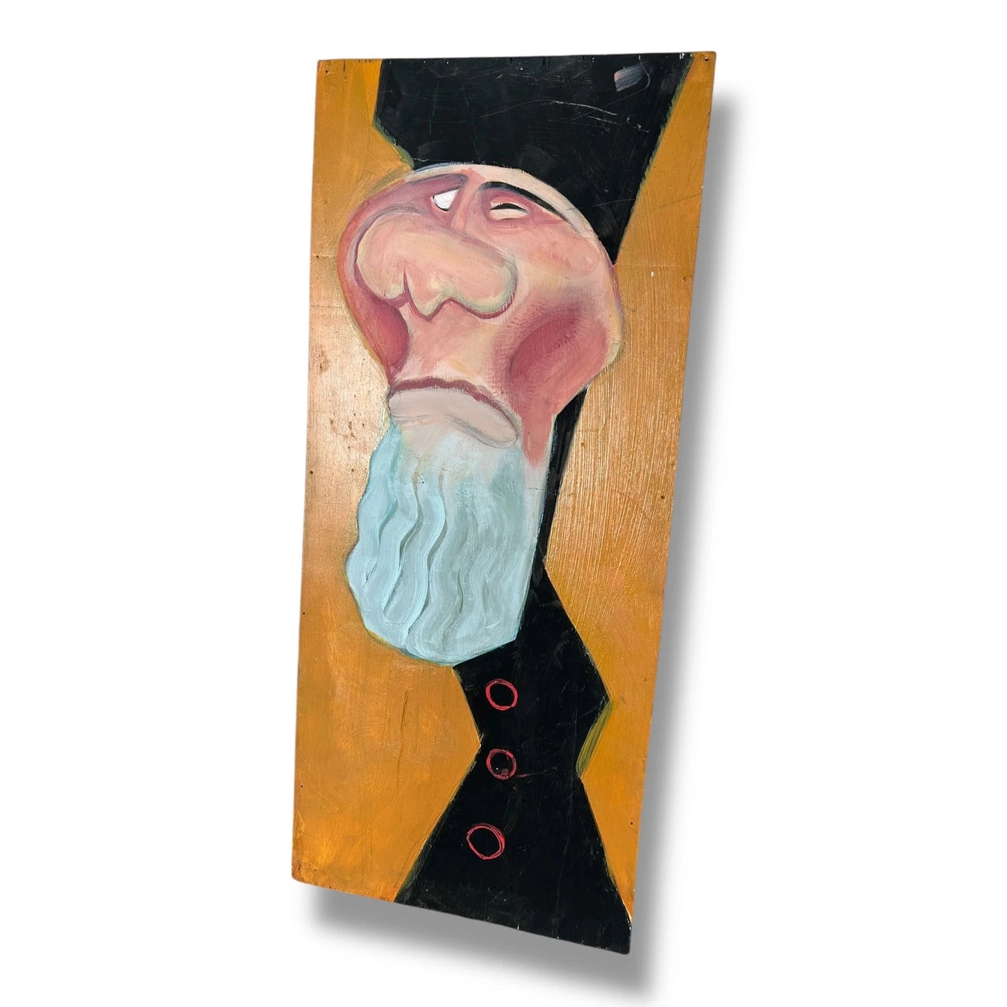 Vintage Old Man Portrait Painting – Whimsical Caricature Style Folk Art