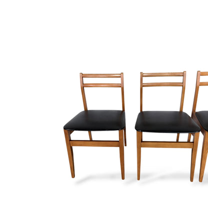 Set of 4 Mid-Century Beech Dining Chairs with Black Vinyl Seats