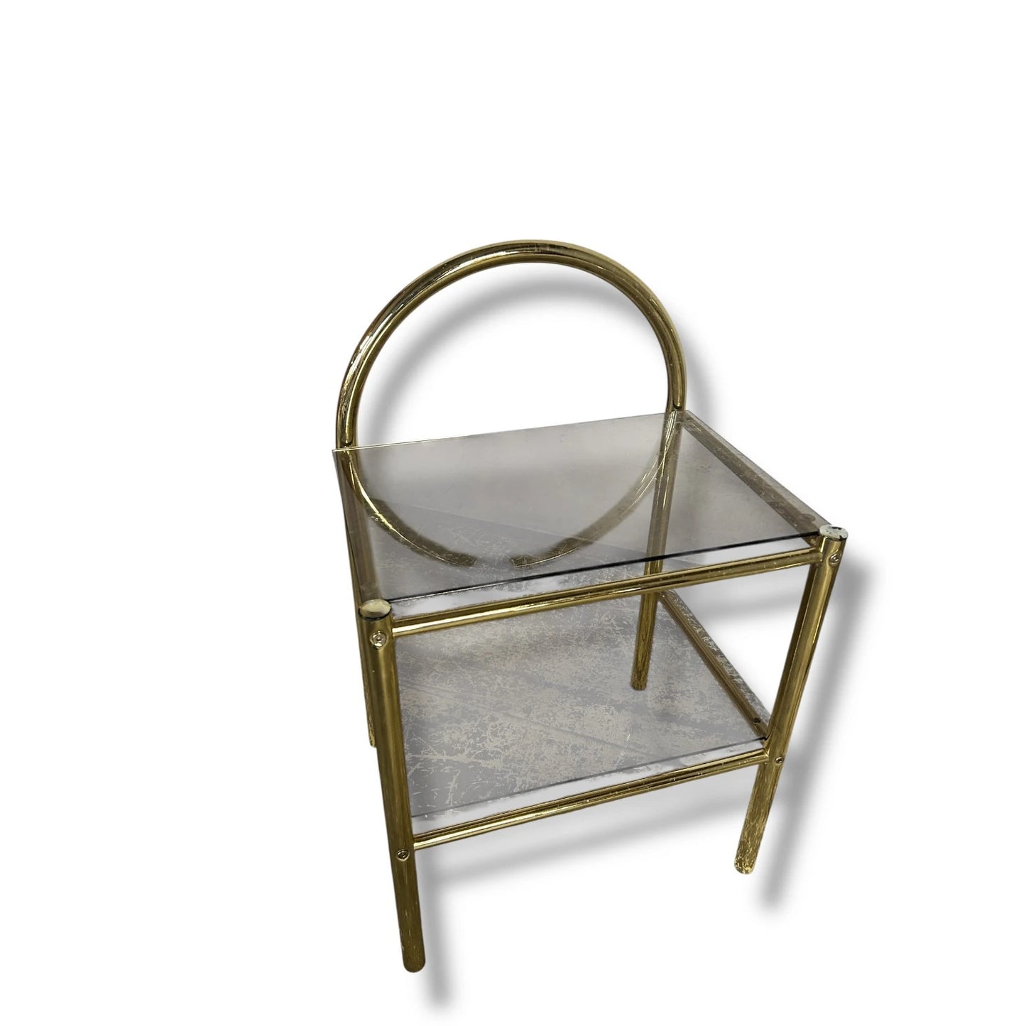 Mid Century Brass Gold and Smoked Glass Bedside Tables