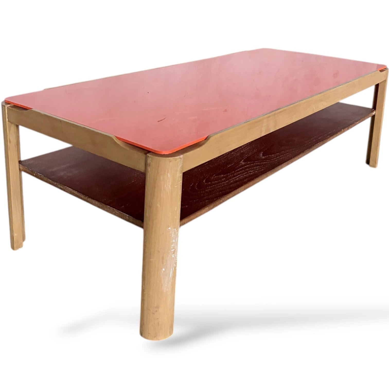 Mid Century Coffee Table – Custom Myers Orange Acrylic & Teak Two Tier Design — view 4