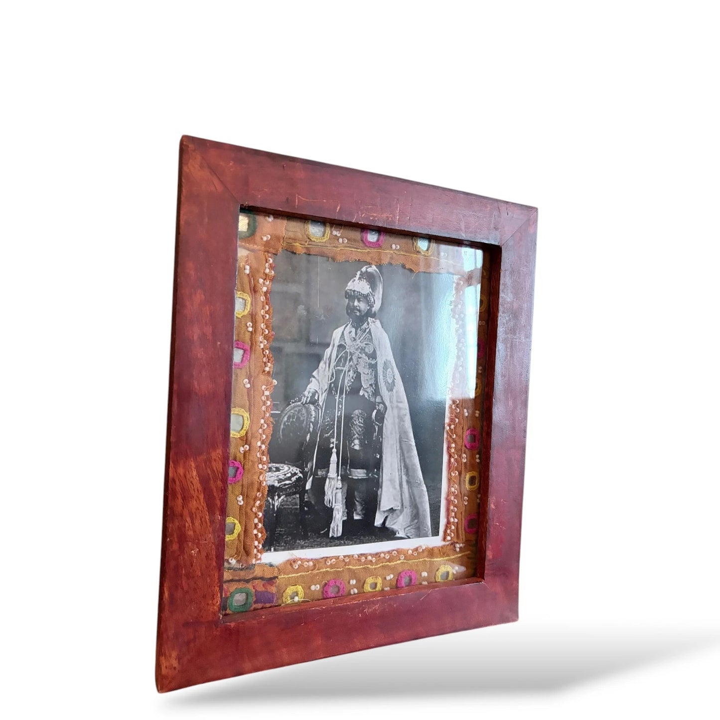 Framed Mughal Portrait with Embroidered Textile Mount – Vintage Artwork