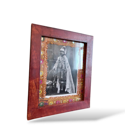 Framed Mughal Portrait with Embroidered Textile Mount – Vintage Artwork