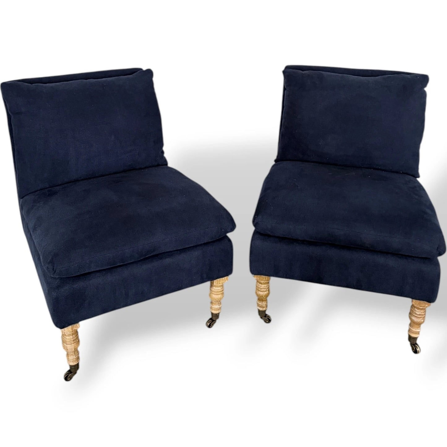 Upholstered Lounge Chairs – Pair of Navy Blue Classic Fabric Armchairs with Wooden Legs