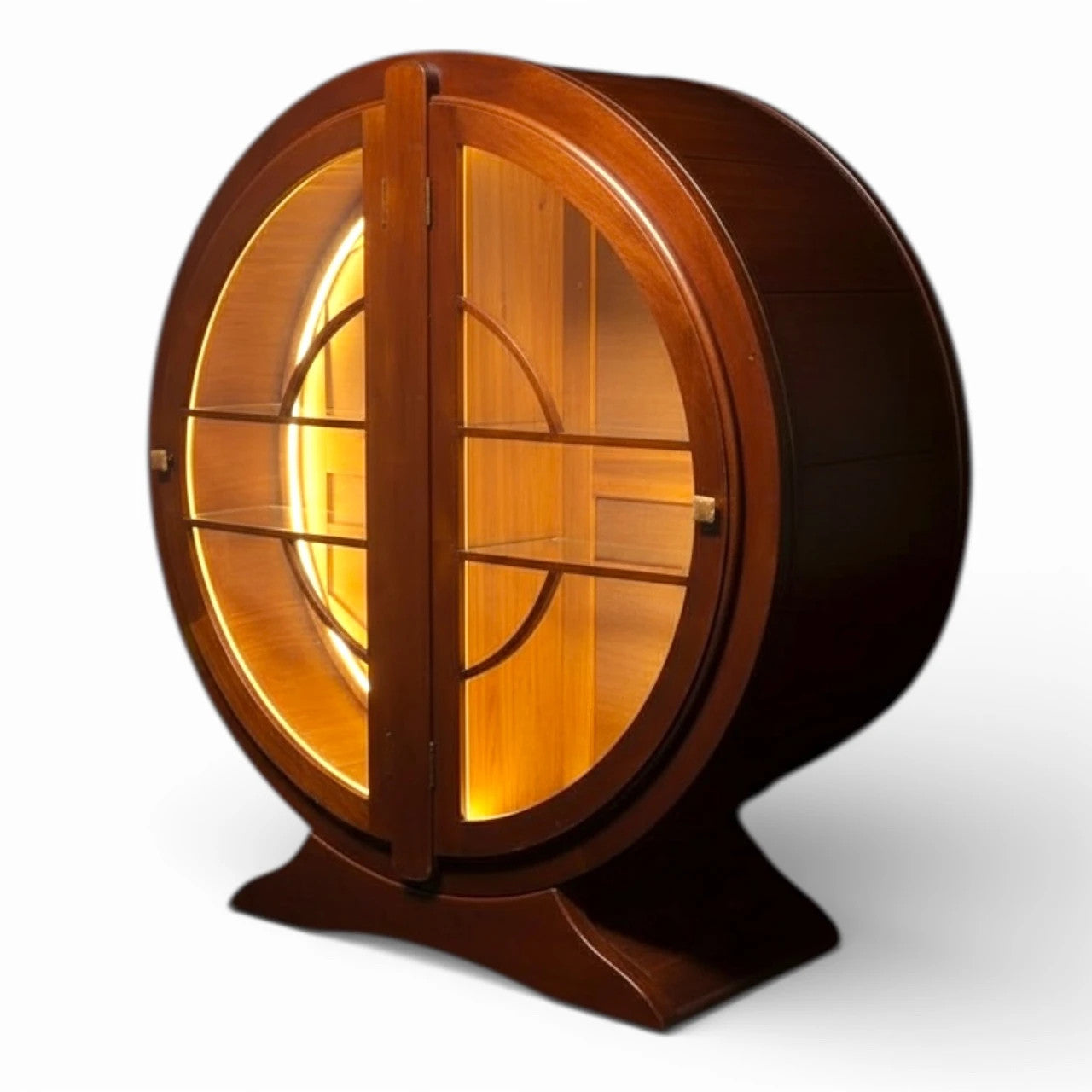 Art Deco Cocktail Cabinet - Walnut Round Cabinet with Bakelite Handles & Shelves