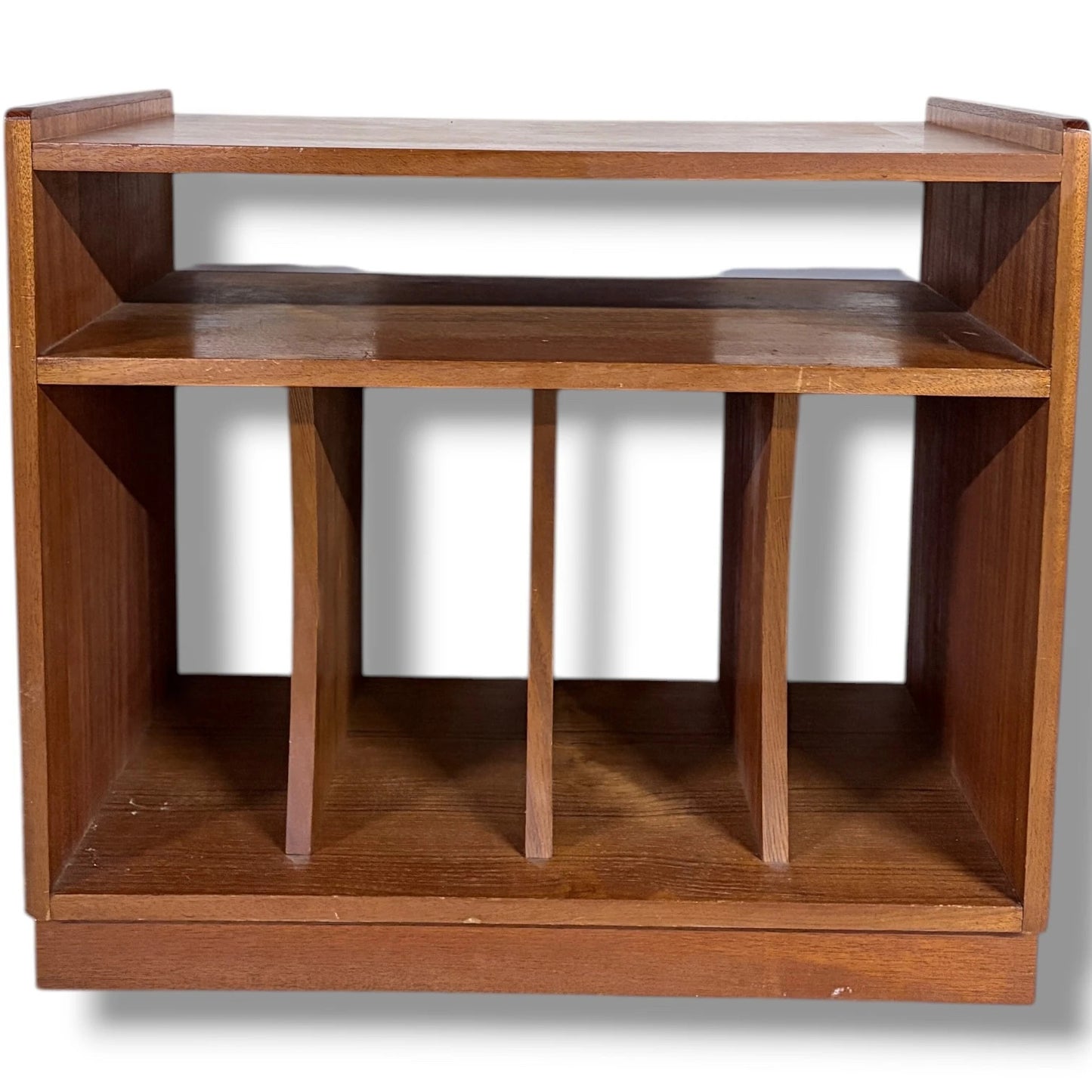 Teak Vinyl Storage Cabinet – Mid Century Media Cabinet with Dividers & Open Shelf