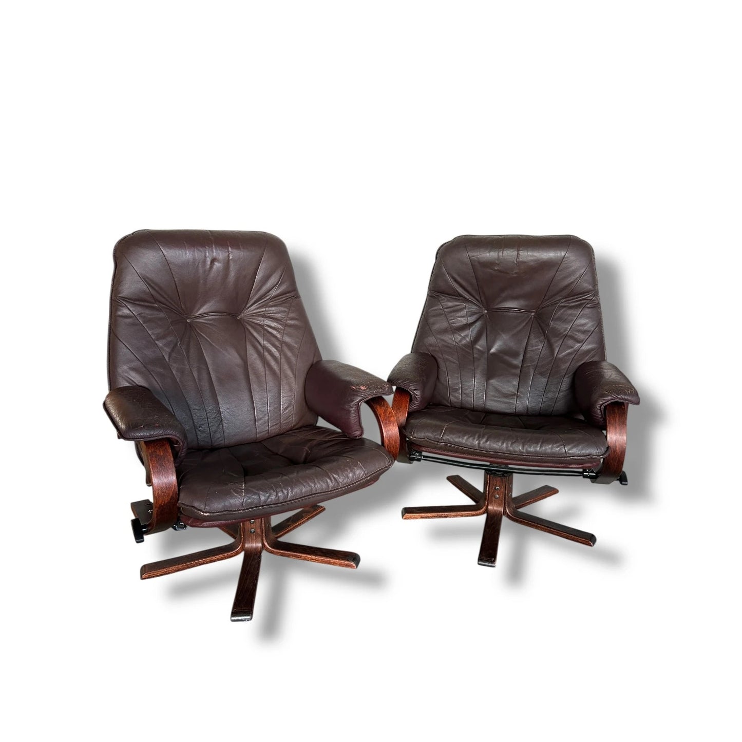 Pair of Vintage Brown Leather Reclining Swivel Armchairs – Danish Stressless Style Chairs