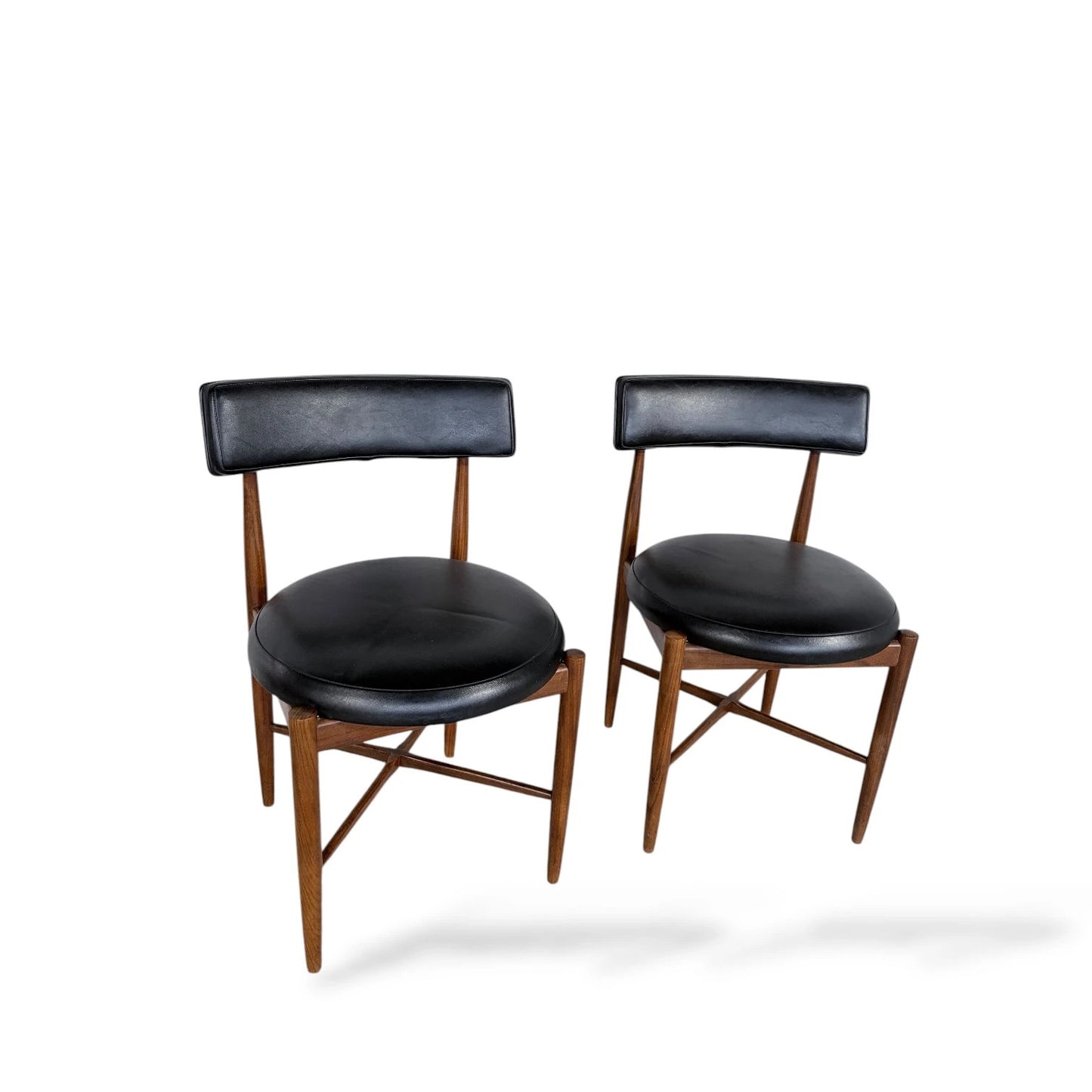 Pair of G Plan Afromosia Teak Dining Chairs – Black Vinyl Seats, 1960s Mid-Century Modern