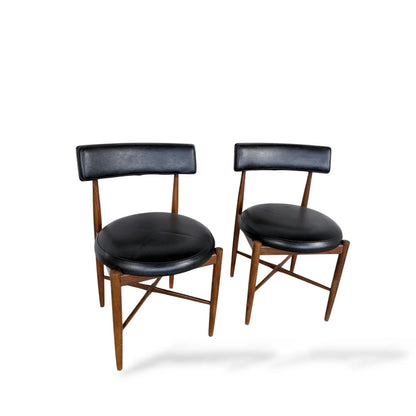 Pair of G Plan Afromosia Teak Dining Chairs – Black Vinyl Seats, 1960s Mid-Century Modern
