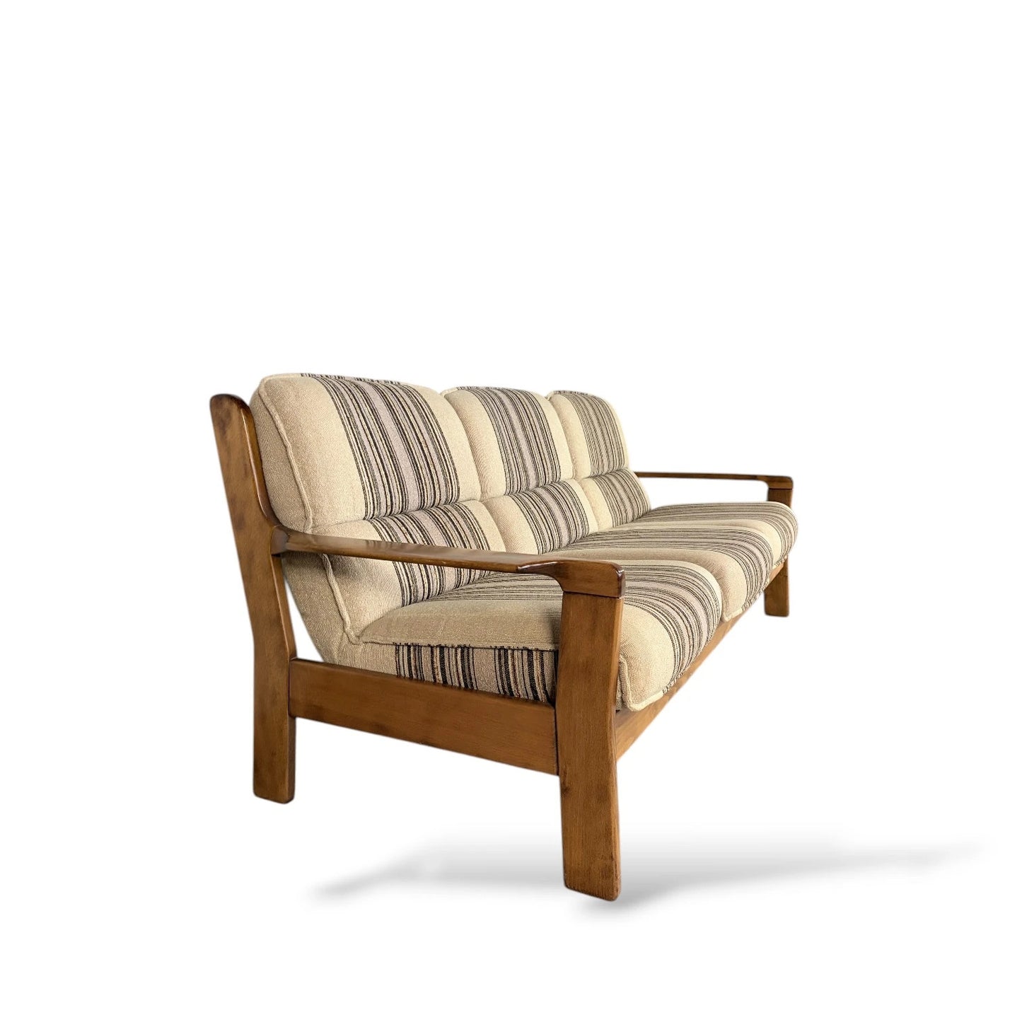Danish Mid-Century Three-Seater Sofa | Brutalist Solid Wood Frame | Striped Woven Upholstery