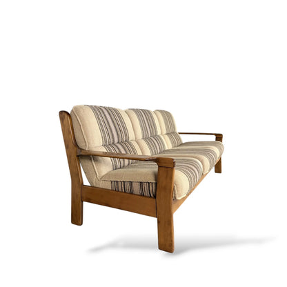 Danish Mid-Century Three-Seater Sofa | Brutalist Solid Wood Frame | Striped Woven Upholstery