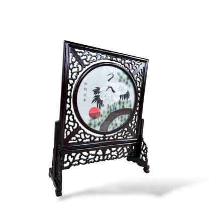 Japanese Embroidered Silk Panel – Red-Crowned Cranes in Rotating Wooden Frame