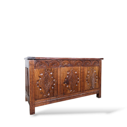Antique Style Carved Oak Blanket Box | Vintage Storage Chest