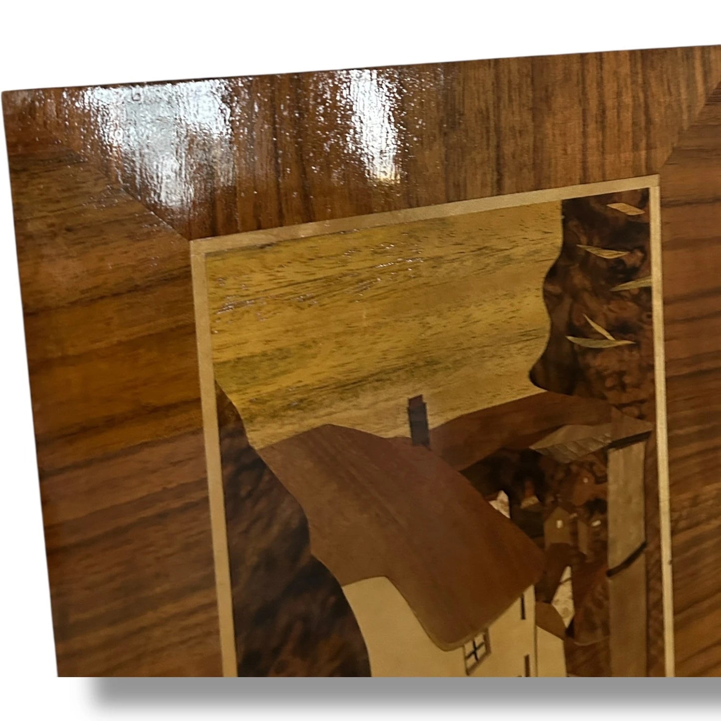 Mid-Century Marquetry Artwork – Rustic House Landscape in Wood Veneer