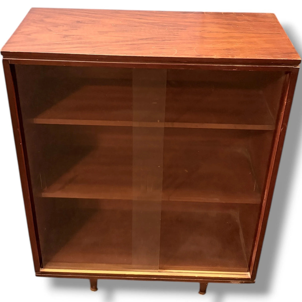 Mid Century Bookcase - Walnut Veneer Glazed Bookshelf With Sliding Doors
