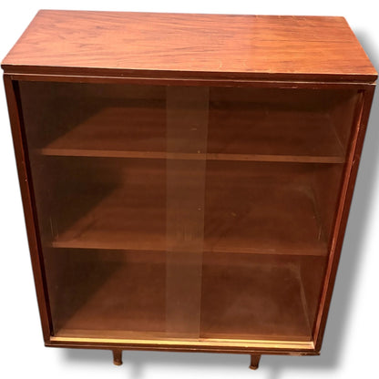 Mid Century Bookcase - Walnut Veneer Glazed Bookshelf With Sliding Doors
