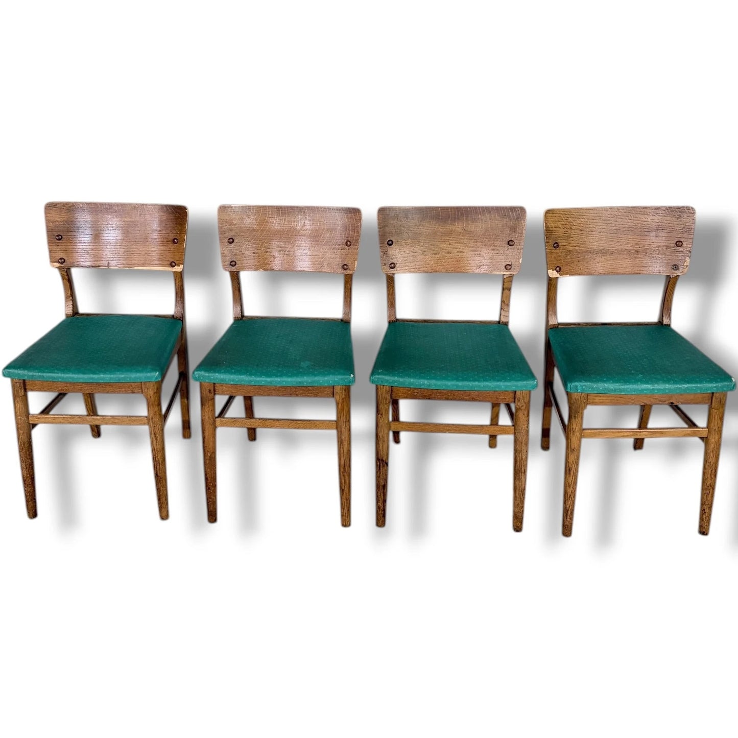 Vintage Oak Dining Chairs - Set of Four Solid Oak Chairs with Green Upholstered Seats