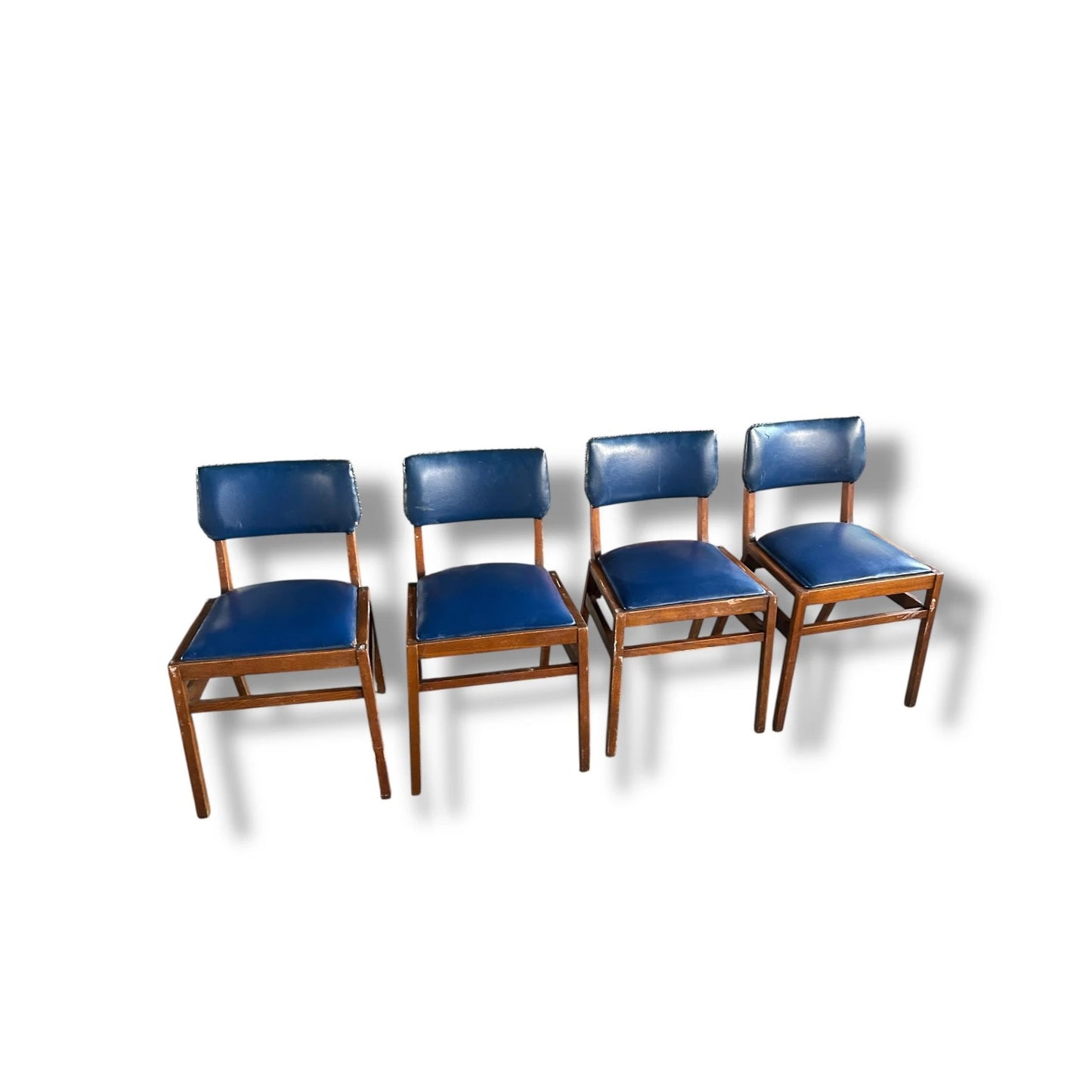 Set of 4 Vintage 1960s Ben Stoe Stacking Dining Chairs – Blue Vinyl & Teak Frame