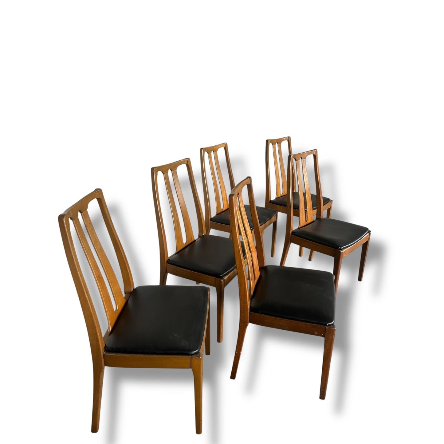 Mid Century Modern Nathan Teak and Black Vinyl Set of Six Dining Chairs
