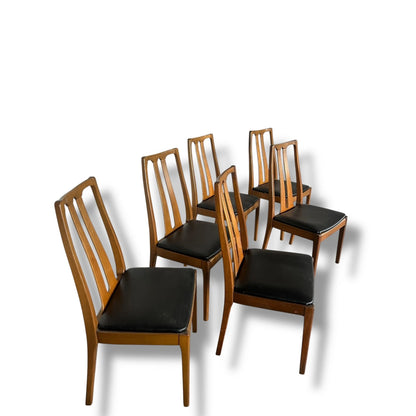 Mid Century Modern Nathan Teak and Black Vinyl Set of Six Dining Chairs