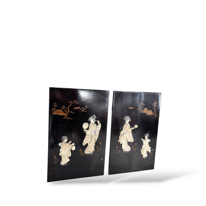 Pair of Vintage Japanese Mother-of-Pearl Panels – Ebonised Wood