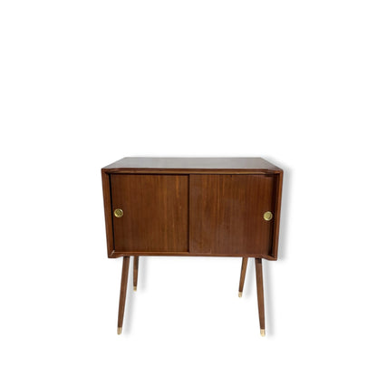 Mid-Century Record Cabinet – Teak Sliding Door Cabinet With Brass Legs — view 4