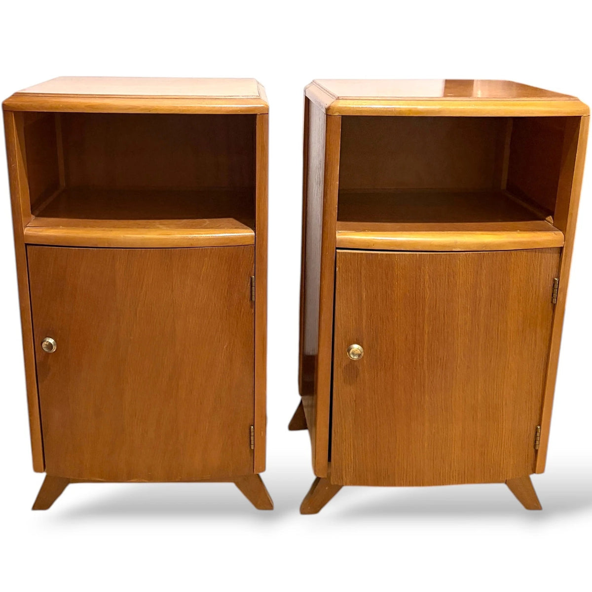 Mid Century Bedside Cabinets – Compact Oak Nightstands with Cupboard Storage Pair