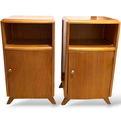 Mid Century Bedside Cabinets – Compact Oak Nightstands with Cupboard Storage Pair