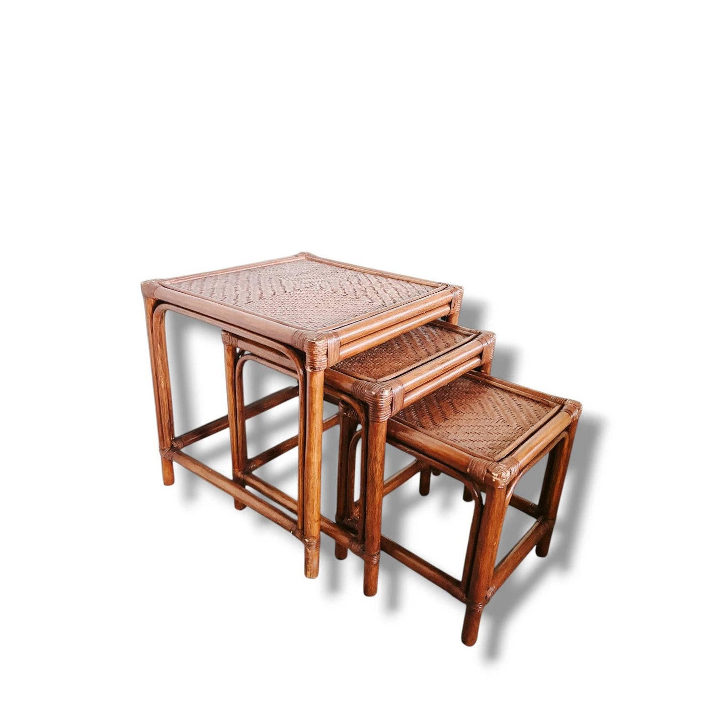 Vintage Bamboo & Rattan Nesting Tables – Set of Three Square Boho Tables