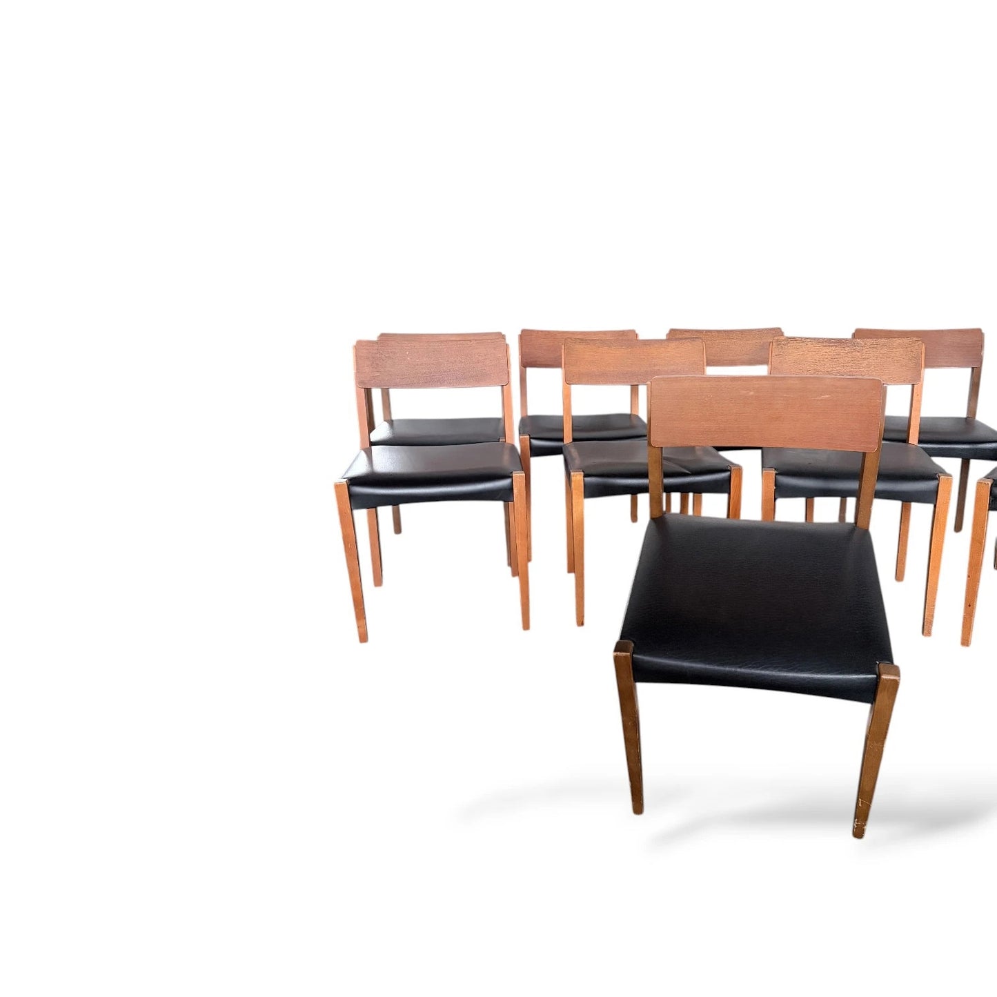 Set of Ten Teak Dining Chairs | Mid-Century Modern | Black Vinyl Seats