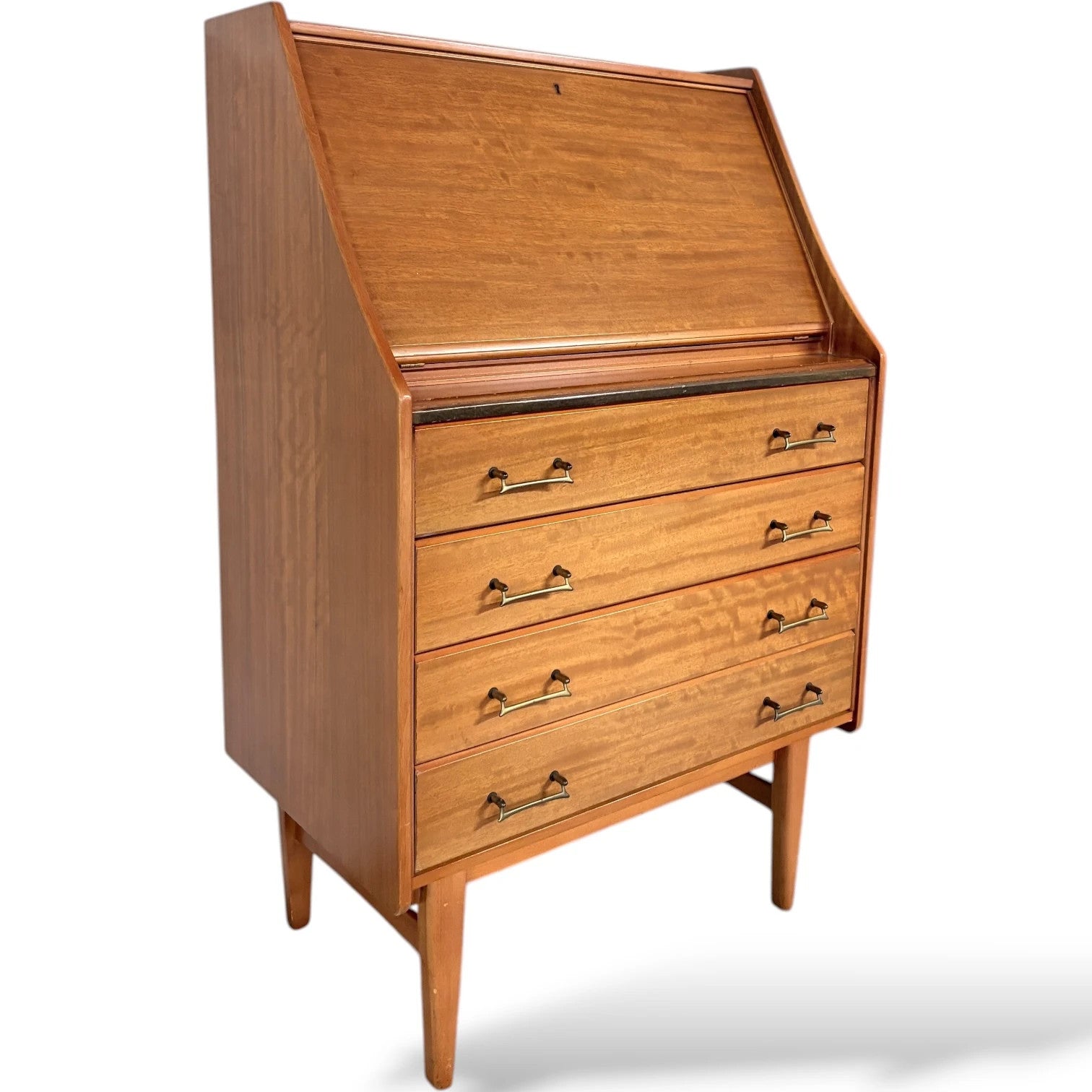 Mid Century Teak Bureau – Vintage Writing Desk With Fall Front Bureau & Drawers — view 4