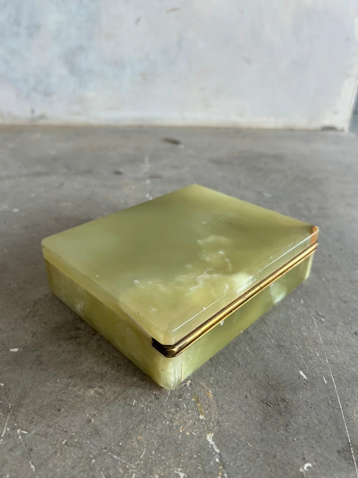 Mid Century Modern Green Onyx Marble and Brass Jewellery Box